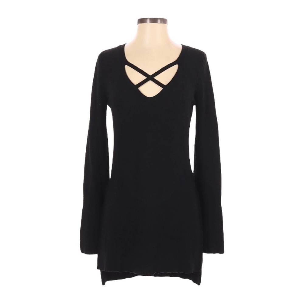 Free People Black Ribbed Knit Crisscross Tunic Sweater Size XS